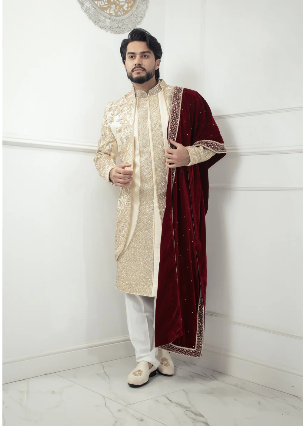 Regal Cream Embroidered Sherwani Set
